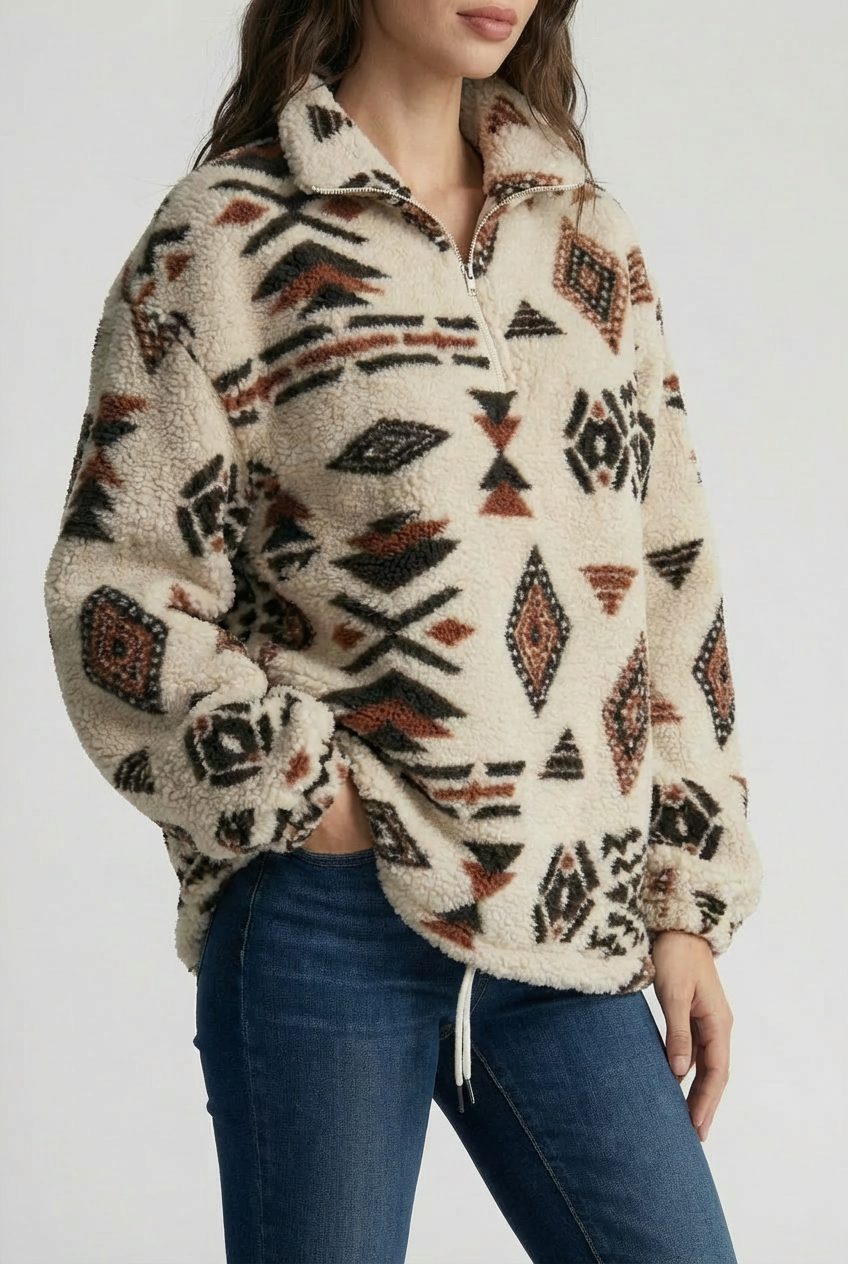 Women's Mixed Geometric Fleece Half-Zip Sweatshirt with Drawcord Hem - Maisie London