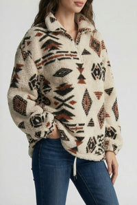 Women's Mixed Geometric Fleece Half-Zip Sweatshirt with Drawcord Hem - Maisie London
