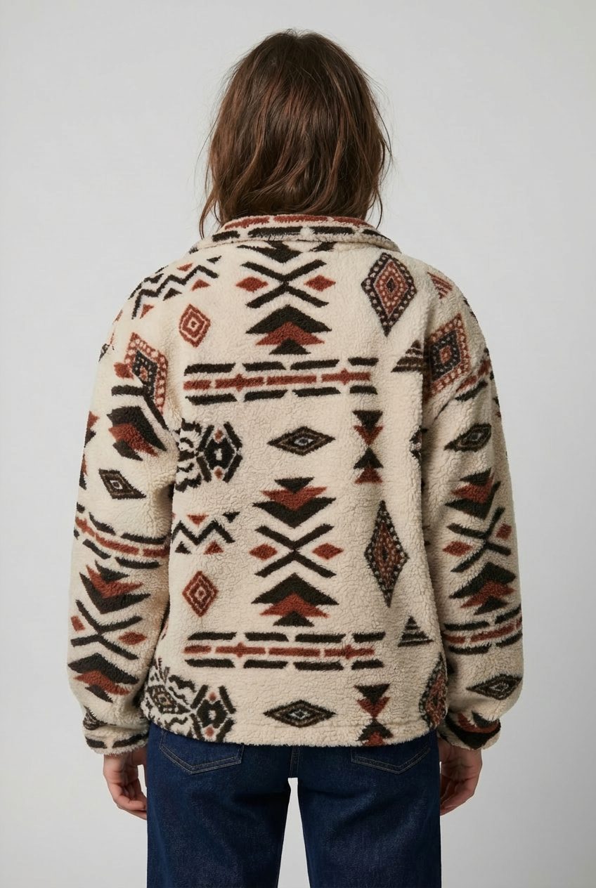 Women's Mixed Geometric Fleece Half-Zip Sweatshirt with Drawcord Hem - Maisie London