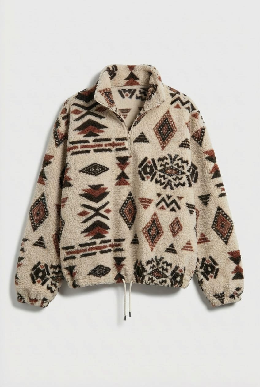 Women's Mixed Geometric Fleece Half-Zip Sweatshirt with Drawcord Hem - Maisie London