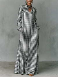Women's White Gingham A-Line Maxi Dress with V-Neck and Pockets - Maisie London