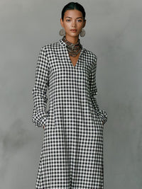 Women's White Gingham A-Line Maxi Dress with V-Neck and Pockets - Maisie London
