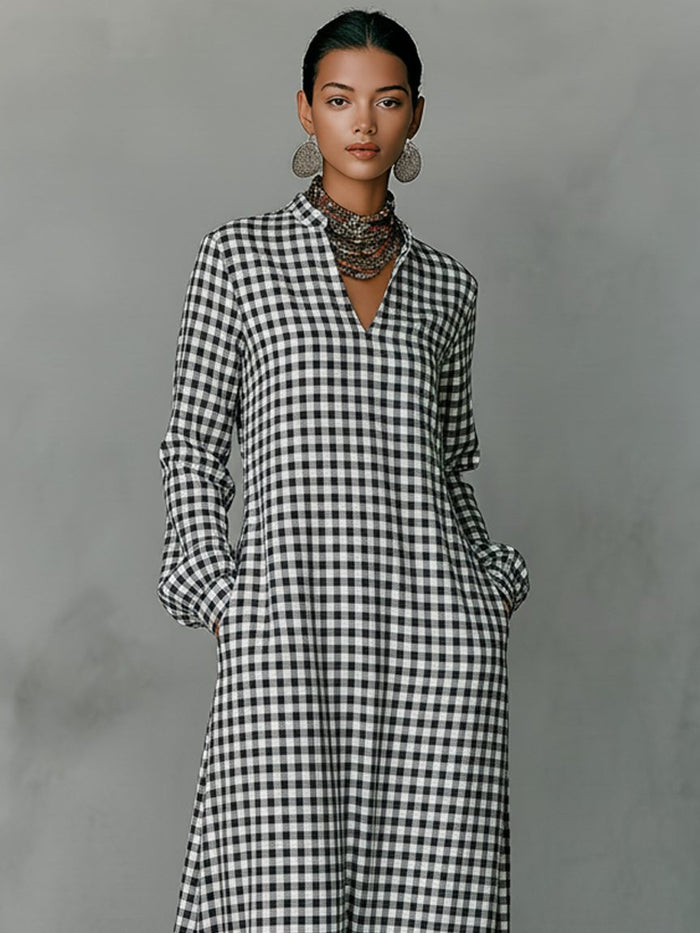 Women's White Gingham A-Line Maxi Dress with V-Neck and Pockets - Maisie London