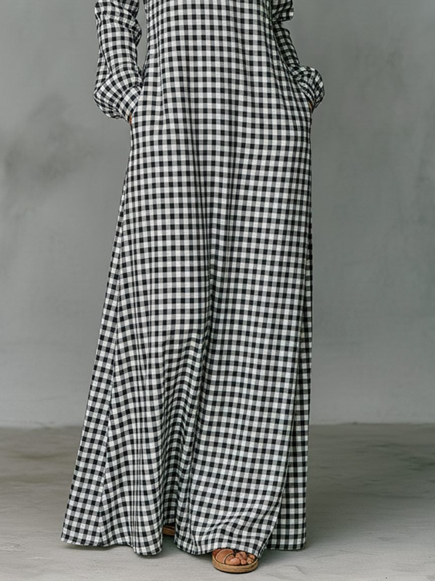 Women's White Gingham A-Line Maxi Dress with V-Neck and Pockets - Maisie London