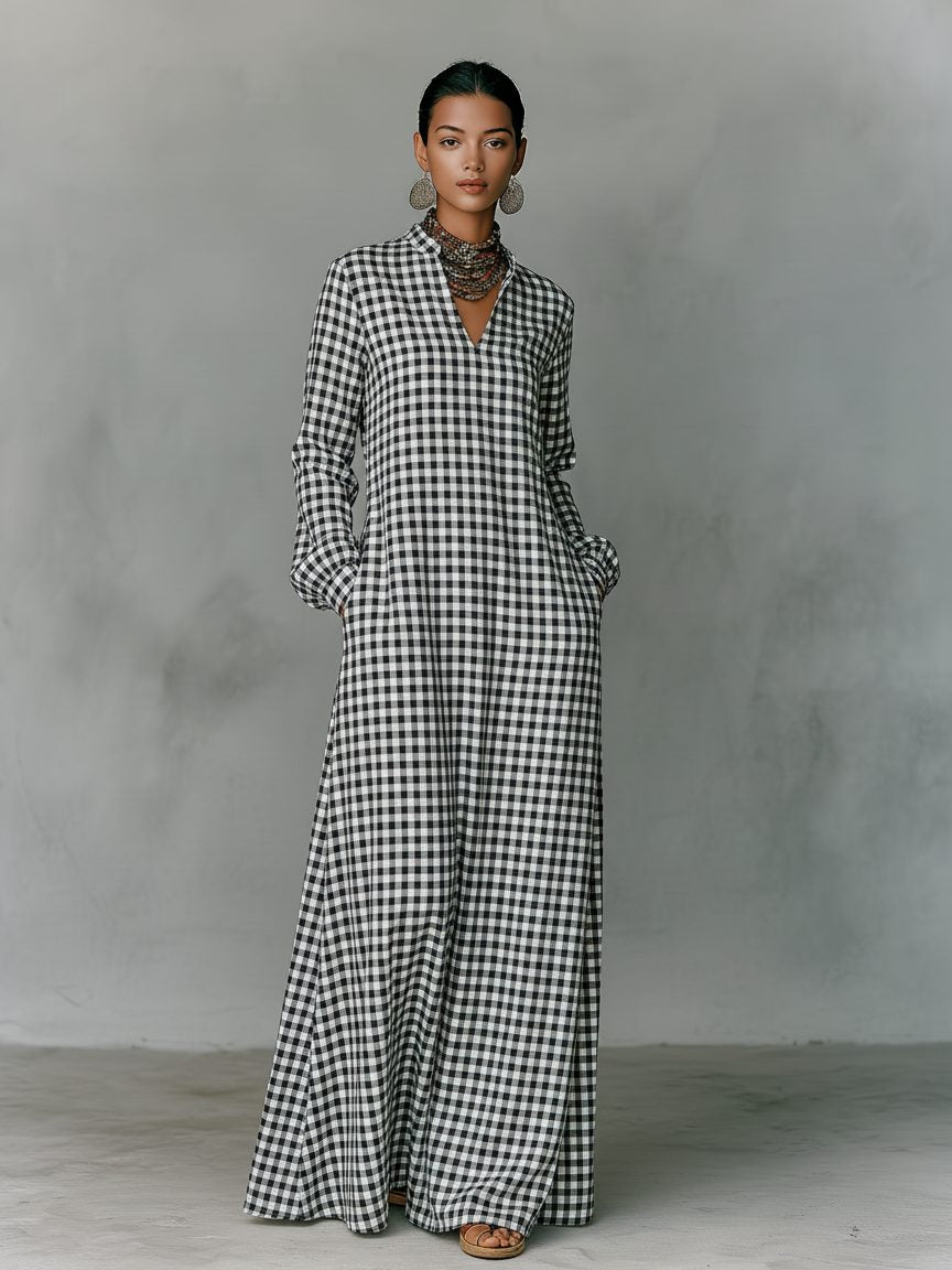 Women's White Gingham A-Line Maxi Dress with V-Neck and Pockets - Maisie London