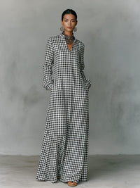 Women's White Gingham A-Line Maxi Dress with V-Neck and Pockets - Maisie London