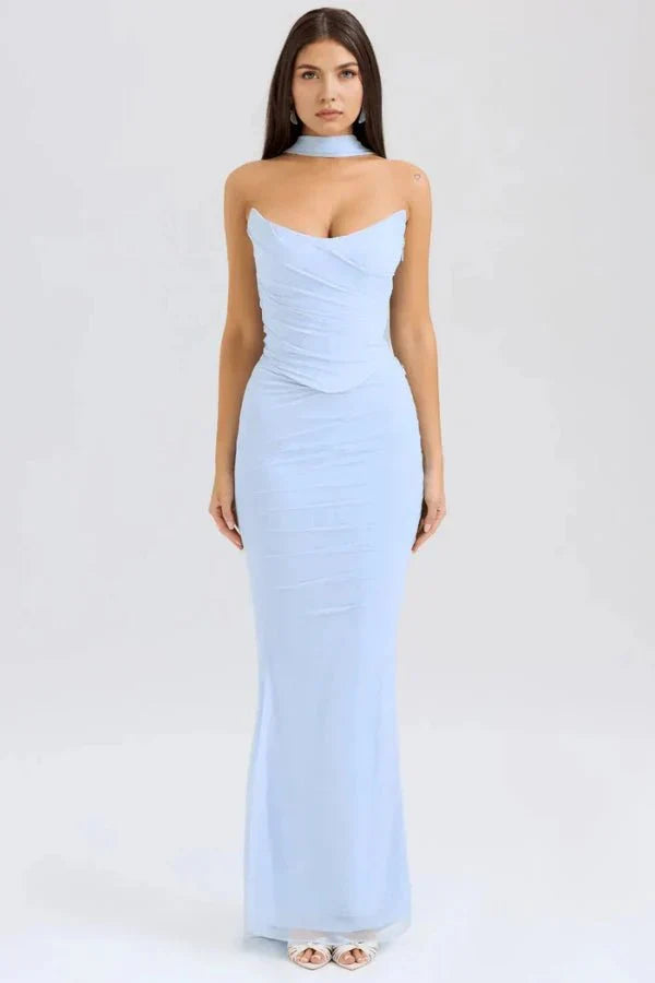 Women's Mesh Strapless Maxi Dress with Choker Tie and Fishtail Hem - Maisie London