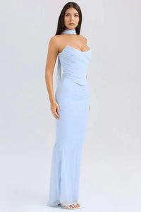 Women's Mesh Strapless Maxi Dress with Choker Tie and Fishtail Hem - Maisie London