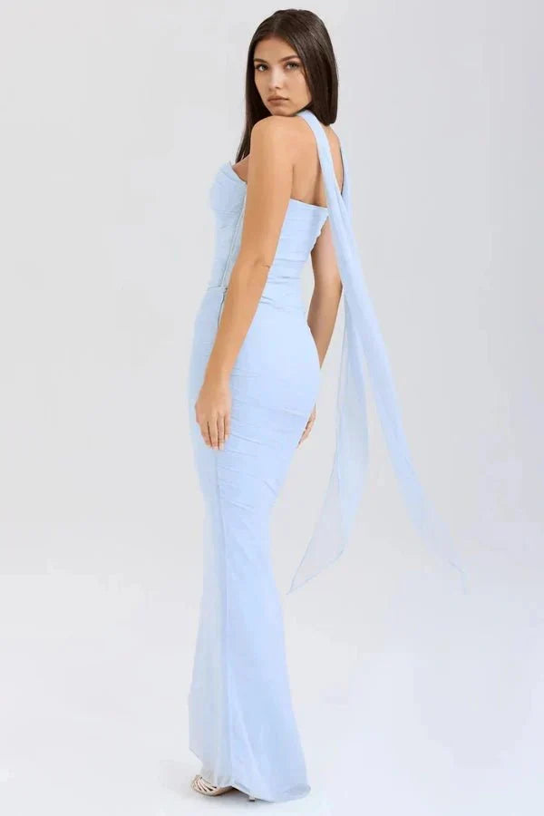 Women's Mesh Strapless Maxi Dress with Choker Tie and Fishtail Hem - Maisie London