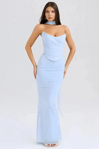 Women's Mesh Strapless Maxi Dress with Choker Tie and Fishtail Hem - Maisie London