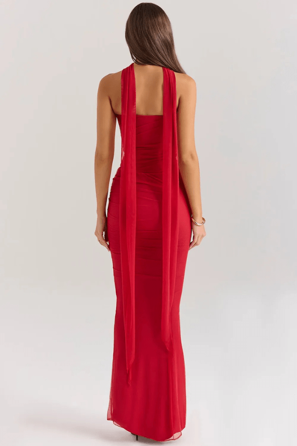 Women's Mesh Strapless Maxi Dress with Choker Tie and Fishtail Hem - Maisie London