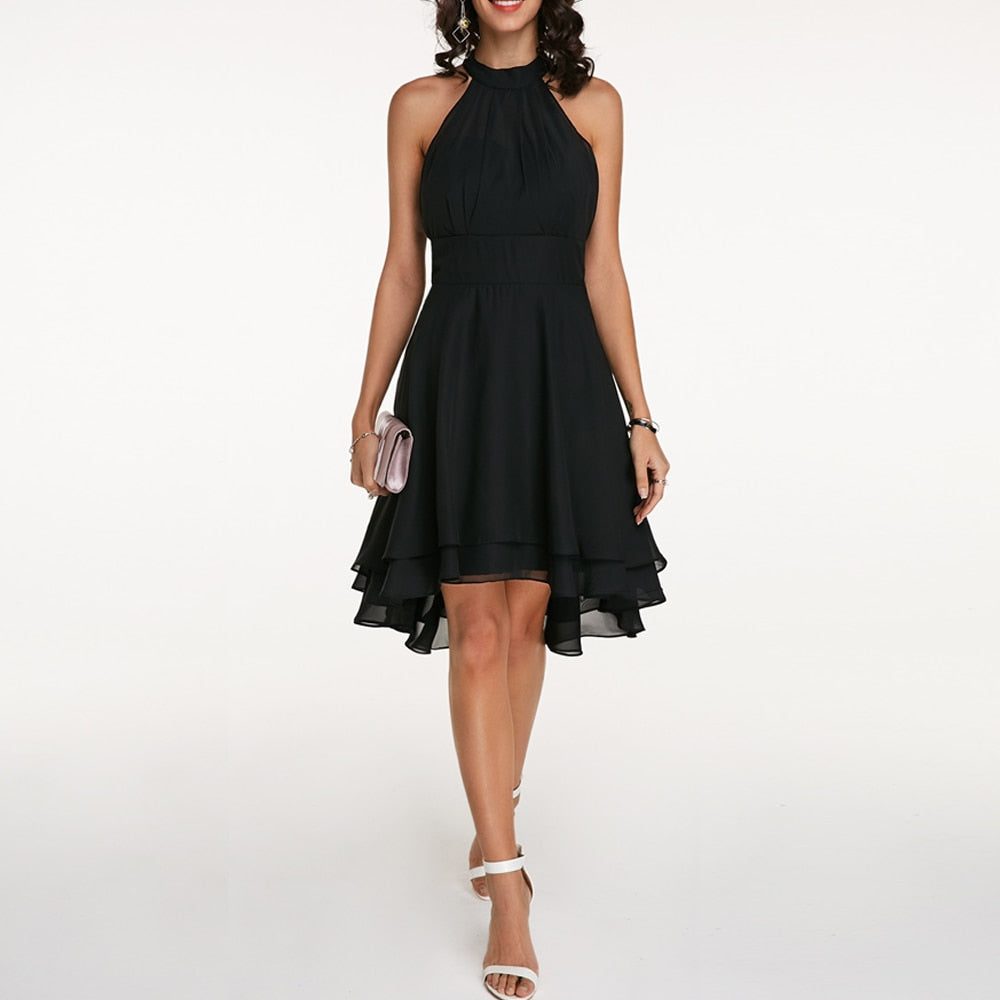 Women's Chiffon A-Line Knee-Length Dress with Halter Neck and Ruffles - Maisie London