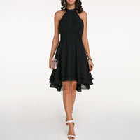 Women's Chiffon A-Line Knee-Length Dress with Halter Neck and Ruffles - Maisie London