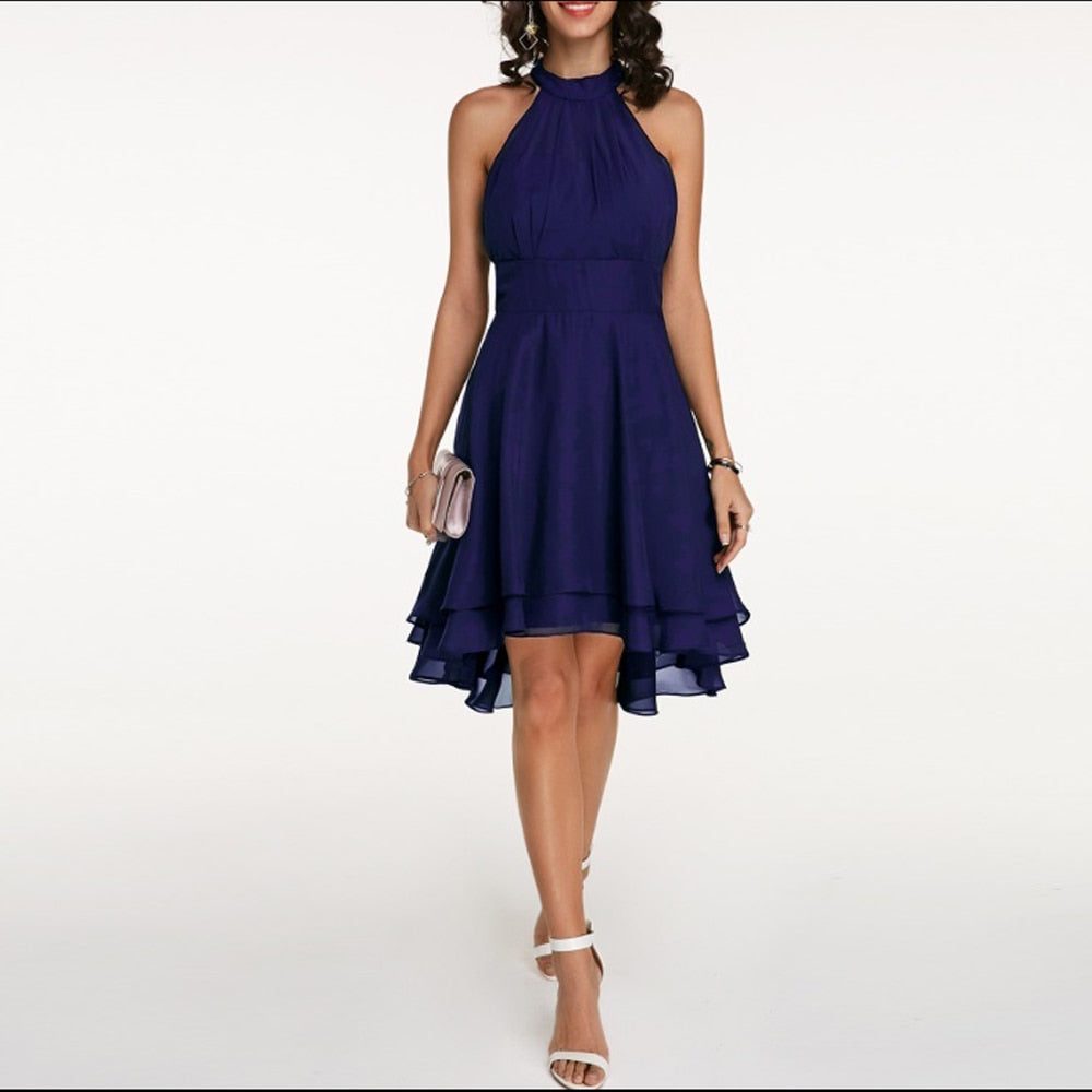 Women's Chiffon A-Line Knee-Length Dress with Halter Neck and Ruffles - Maisie London