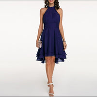 Women's Chiffon A-Line Knee-Length Dress with Halter Neck and Ruffles - Maisie London
