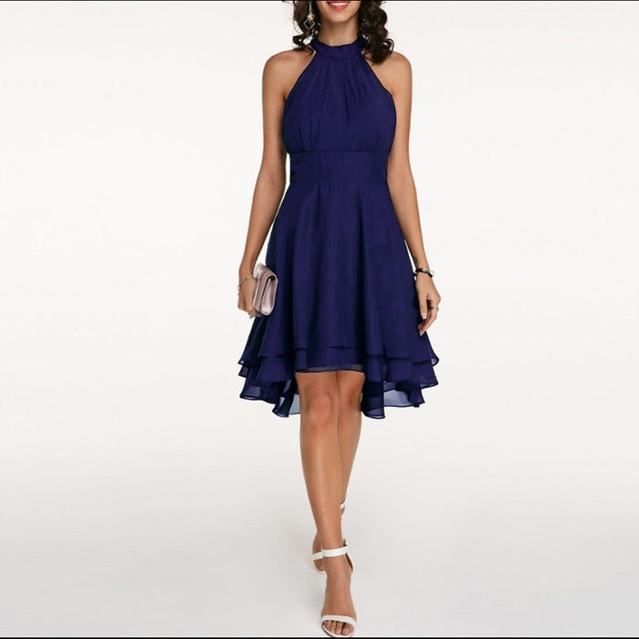 Women's Chiffon A-Line Knee-Length Dress with Halter Neck and Ruffles - Maisie London