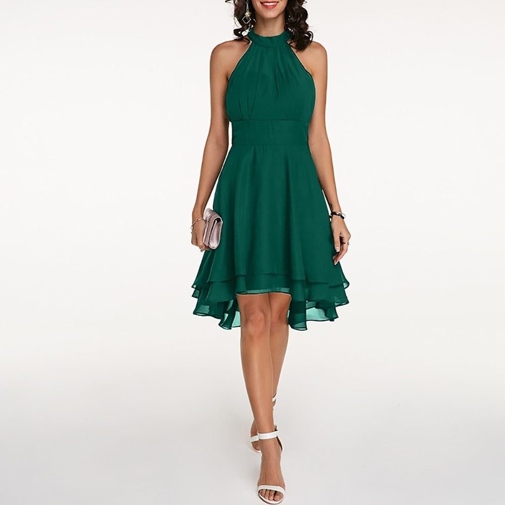 Women's Chiffon A-Line Knee-Length Dress with Halter Neck and Ruffles - Maisie London