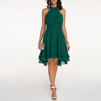 Women's Chiffon A-Line Knee-Length Dress with Halter Neck and Ruffles - Maisie London