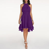 Women's Chiffon A-Line Knee-Length Dress with Halter Neck and Ruffles - Maisie London