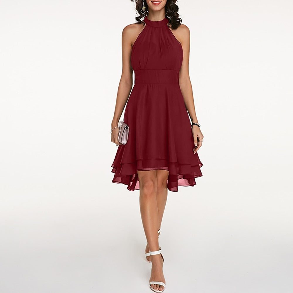 Women's Chiffon A-Line Knee-Length Dress with Halter Neck and Ruffles - Maisie London