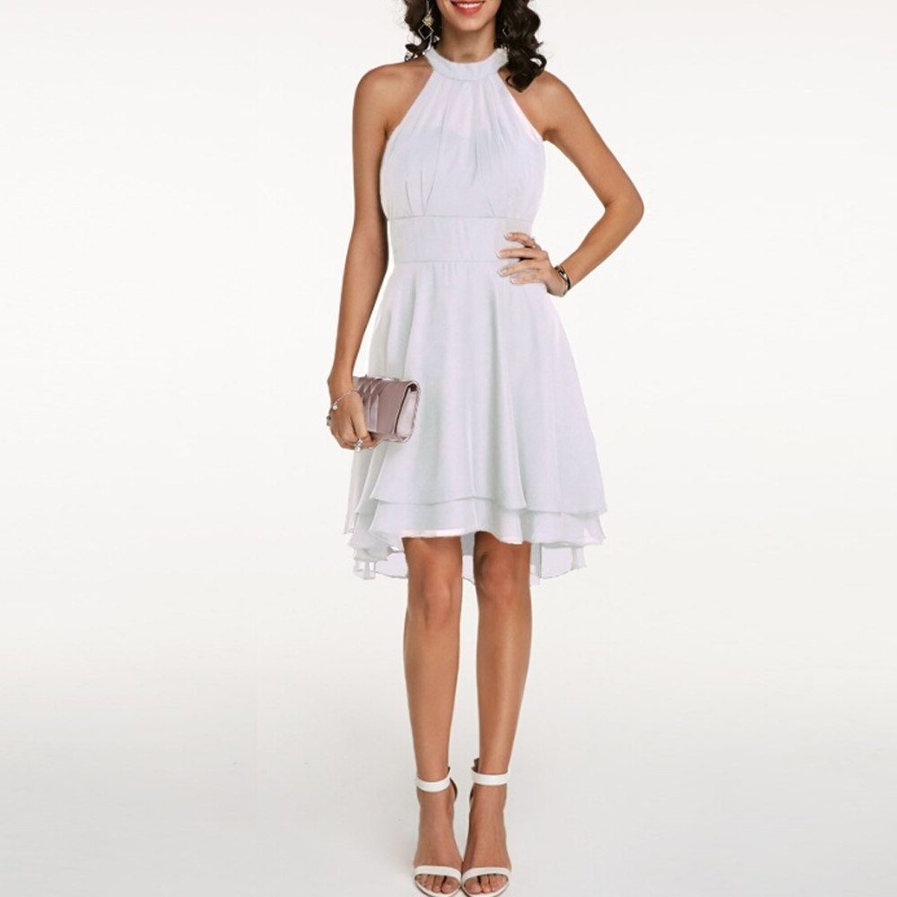 Women's Chiffon A-Line Knee-Length Dress with Halter Neck and Ruffles - Maisie London