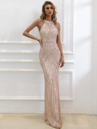 Women's Sequin Halter Neck Maxi Dress with Beaded Cold Shoulders - Maisie London
