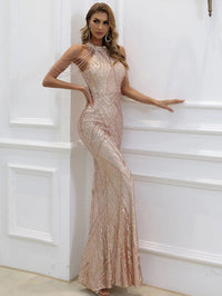 Women's Sequin Halter Neck Maxi Dress with Beaded Cold Shoulders - Maisie London