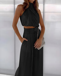 Women's Satin Halterneck Wide-Leg Co-ord Set with Tie Waist - Maisie London