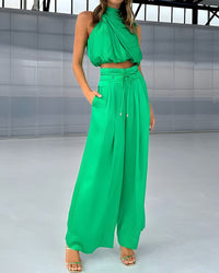 Women's Satin Halterneck Wide-Leg Co-ord Set with Tie Waist - Maisie London