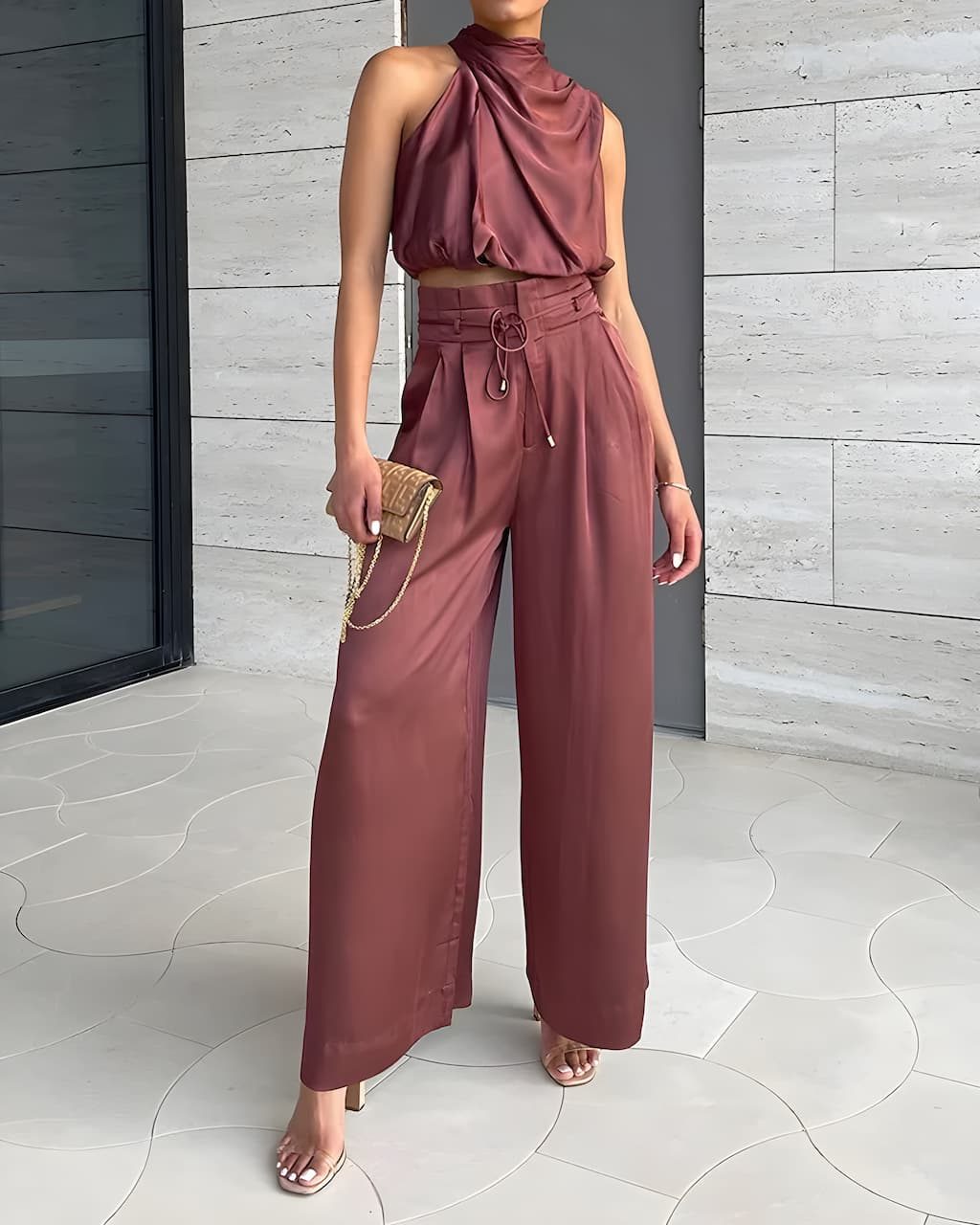 Women's Satin Halterneck Wide-Leg Co-ord Set with Tie Waist - Maisie London