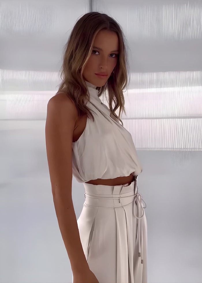Women's Satin Halterneck Wide-Leg Co-ord Set with Tie Waist - Maisie London