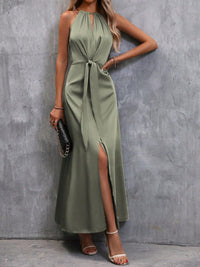 Women's Green Satin Maxi Dress with Halterneck and Tie Waist - Maisie London