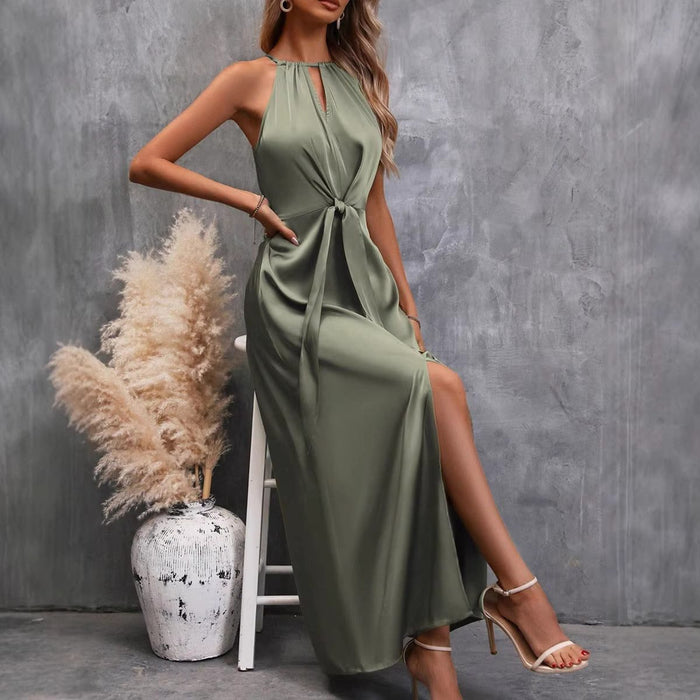 Women's Green Satin Maxi Dress with Halterneck and Tie Waist - Maisie London