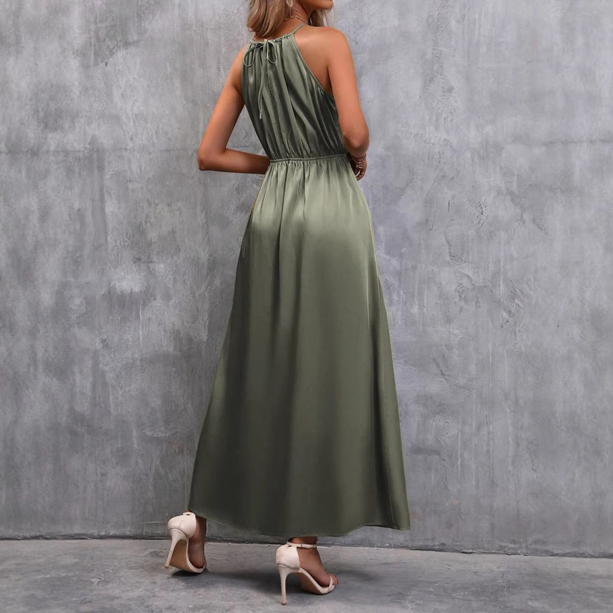 Women's Green Satin Maxi Dress with Halterneck and Tie Waist - Maisie London