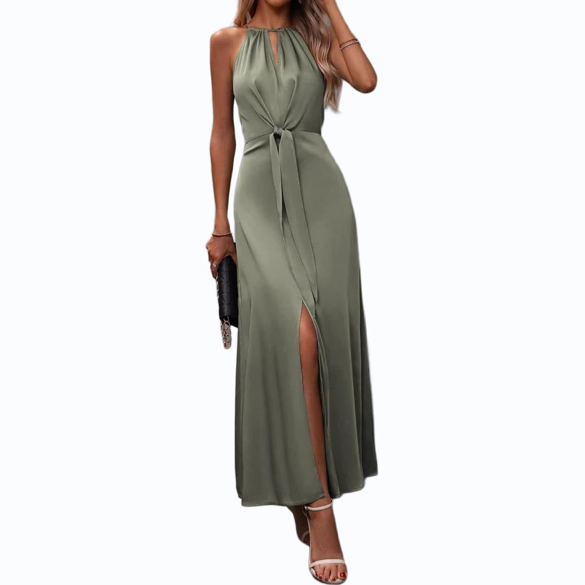 Women's Green Satin Maxi Dress with Halterneck and Tie Waist - Maisie London
