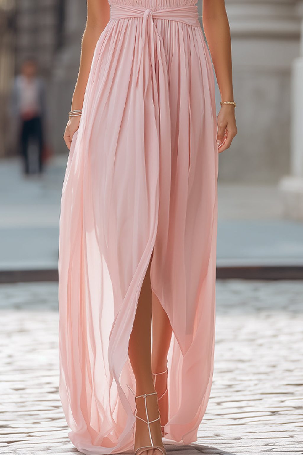 Women's Pink Chiffon Halterneck Maxi Dress with Ruffle Collar - Maisie London