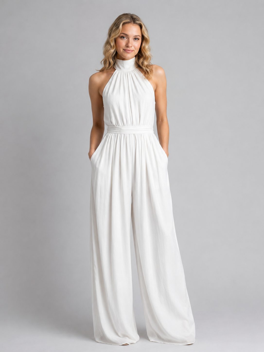 Women's High-Neck Halterneck Wide-Leg Jumpsuit with Tie Back - Maisie London