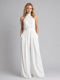 Women's High-Neck Halterneck Wide-Leg Jumpsuit with Tie Back - Maisie London