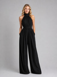 Women's High-Neck Halterneck Wide-Leg Jumpsuit with Tie Back - Maisie London