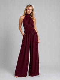 Women's High-Neck Halterneck Wide-Leg Jumpsuit with Tie Back - Maisie London
