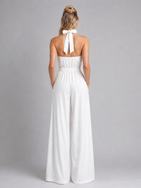 Women's High-Neck Halterneck Wide-Leg Jumpsuit with Tie Back - Maisie London