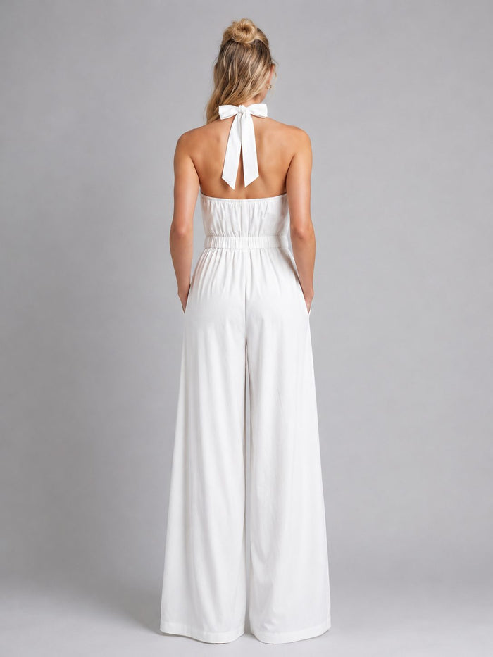 Women's High-Neck Halterneck Wide-Leg Jumpsuit with Tie Back - Maisie London