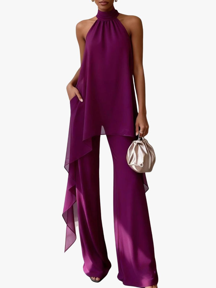 Women's Purple Chiffon Halterneck Co-ord Set with Wide-Leg Trousers - Maisie London