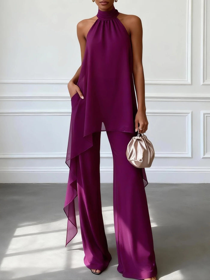 Women's Purple Chiffon Halterneck Co-ord Set with Wide-Leg Trousers - Maisie London