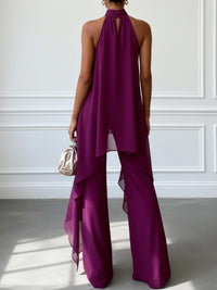 Women's Purple Chiffon Halterneck Co-ord Set with Wide-Leg Trousers - Maisie London