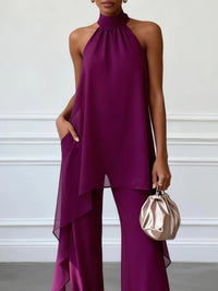 Women's Purple Chiffon Halterneck Co-ord Set with Wide-Leg Trousers - Maisie London