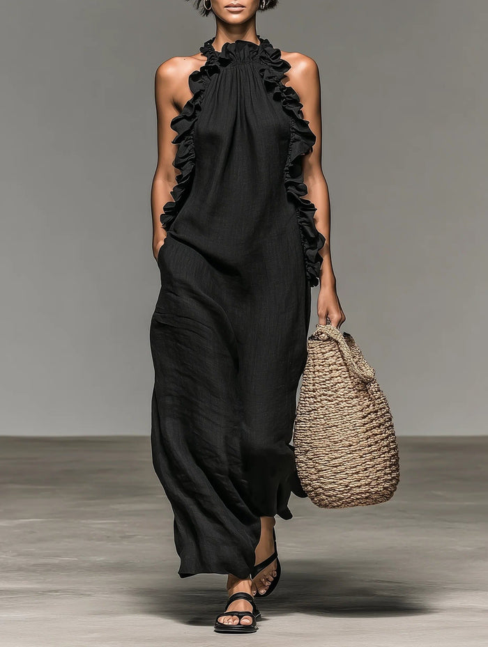 Women's Linen-Look Halterneck Maxi Dress with Front Ruffles - Maisie London