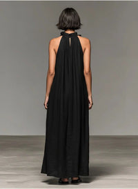 Women's Linen-Look Halterneck Maxi Dress with Front Ruffles - Maisie London