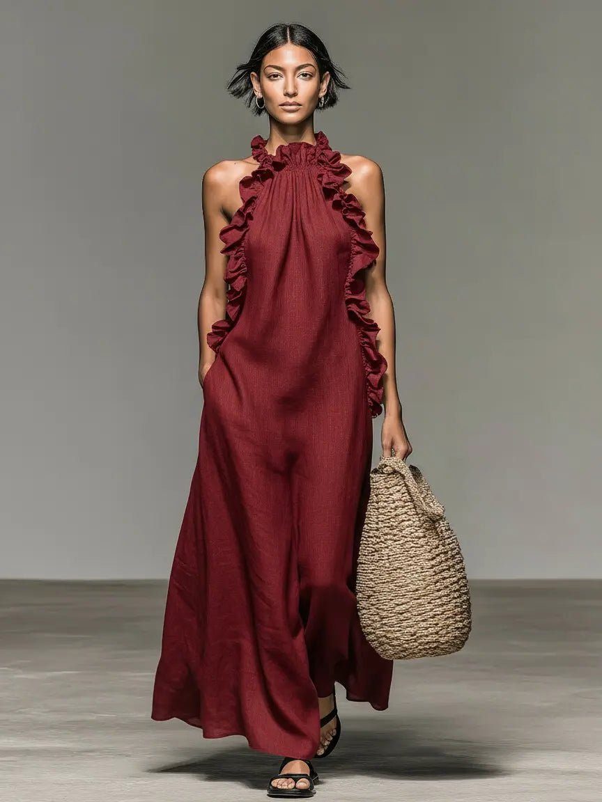 Women's Linen-Look Halterneck Maxi Dress with Front Ruffles - Maisie London