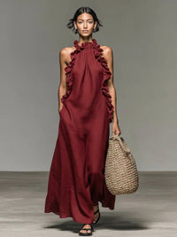 Women's Linen-Look Halterneck Maxi Dress with Front Ruffles - Maisie London